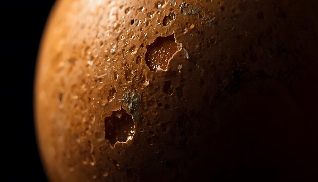 Extreme macro shot of textured brown eggshell with craters and imperfections