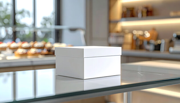 Blank white bakery box sits on a reflective surface in front of a blurred display of pastries and desserts