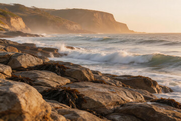 Fototapeta premium Rocky Seashore with Ocean Waves and Cliffs at Sunset