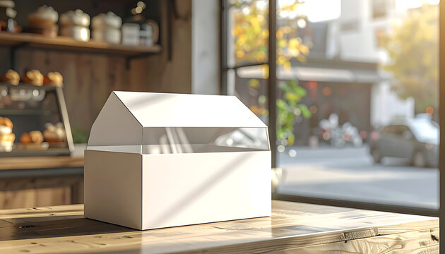 Blank white bakery box sitting on a wooden counter in a cozy cafe with pastries visible in a display case, outdoor street scene blurred in background, natural light