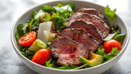 Fototapeta premium Healthy beef steak salad bowl with sliced medium-rare tenderloin, avocado, cherry tomatoes and parmesan cheese