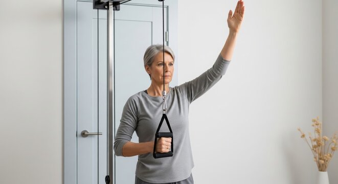Shoulder pulley home exercise shows range of motion recovery upper limb rehabilitation and guided therapy concept for clinic marketing and healthcare stock use daily
