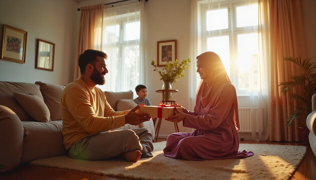 Muslim couple happily exchanging gifts at home, celebrating Kurban Bayram
