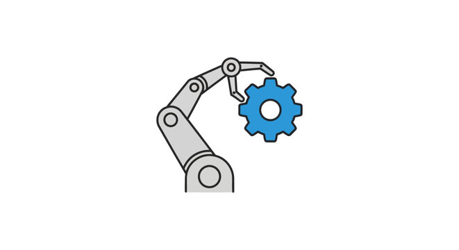 Robotic arm holding blue gear.