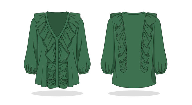 Dark Green Ruffle Blouse Technical Sketch with Long Puff Sleeves Front and Back View Illustration
