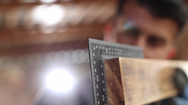 A man is holding a ruler and a piece of wood