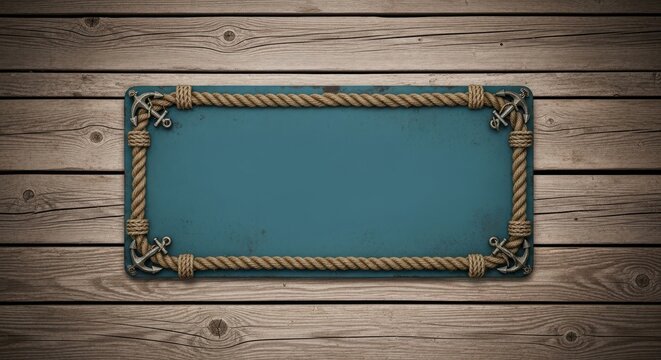 Rustic Wooden Plank Background with Nautical Rope Framed Teal Sign.