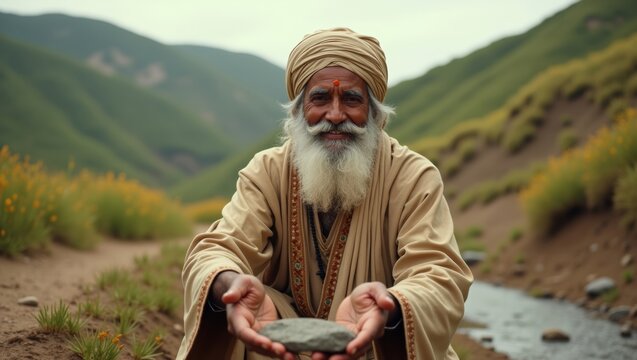 Elderly man with long white beard wearing traditional attire holds a stone in his hands, surrounded by lush green hills and a flowing stream in a serene landscape
