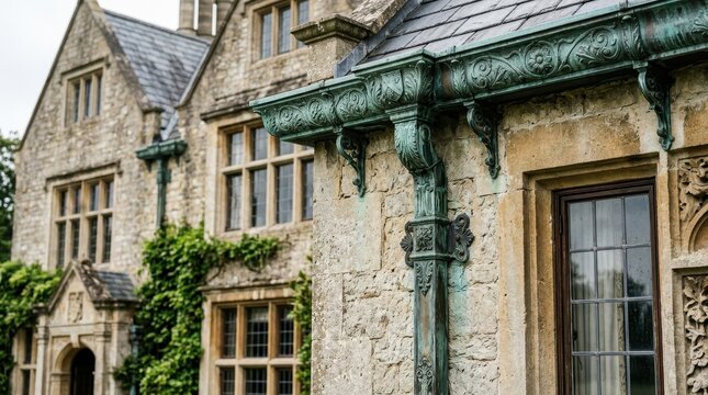 Ornate copper gutter system on a historic stone building with ivy