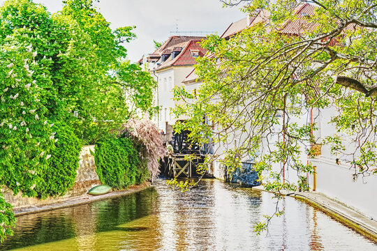 The Čertovka, a canal in Prague situated in the Lesser Quarter. The Čertovka takes its water from the Vltava and after 740 m it flows back into the same river.
