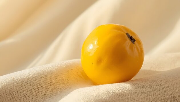 Whole fresh yellow fruit on soft beige fabric texture background with warm natural sunlight