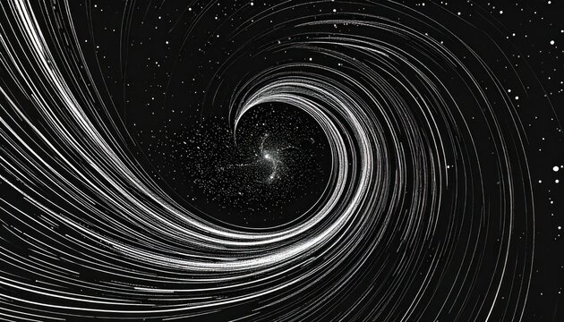 Dynamic swirling white light trails forming an abstract cosmic vortex in deep black space with sparkling stars illustrating motion and energy.