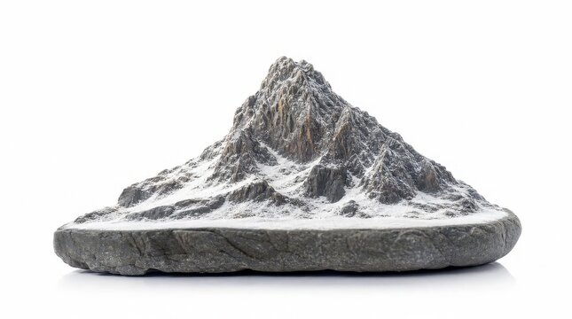 highly detailed miniature snow covered mountain peak resting on a smooth dark grey stone slab isolated on a seamless white background