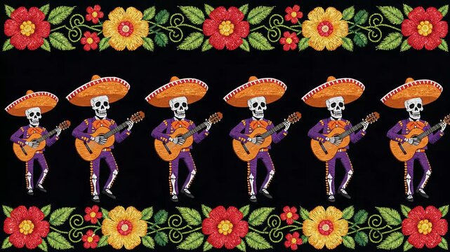 Mexican Dia de los Muertos mariachi skeleton musicians embroidery