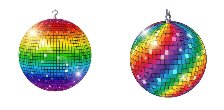 Set of two colorful rainbow mirror disco balls with bright reflections isolated on transparent background