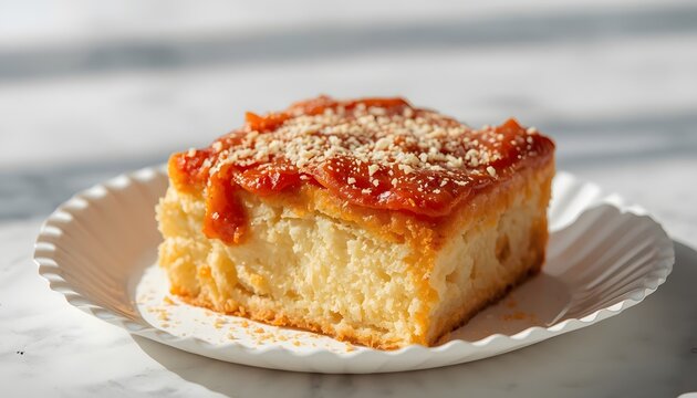 A square slice of tres leches cake or pastel de tres leches with caramel topping and crushed nuts on a paper plate
