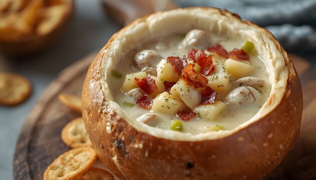 Creamy clam chowder or potato soup served in a sourdough bread bowl topped with crispy bacon bits