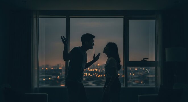 Silhouette of a couple arguing in front of a city skyline at night.