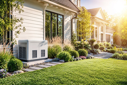 Backup generator and heat pump beside modern luxury house exterior