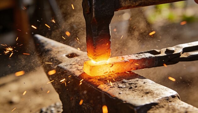 Forging glowing steel billet under hammer strike at blacksmith workshop, with anvil, tongs, sparks