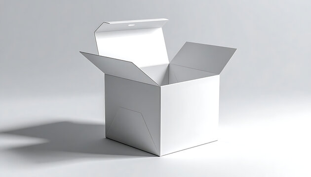 An empty white cardboard box with open flaps casting a soft shadow on a light grey studio background, ready for packaging or delivery