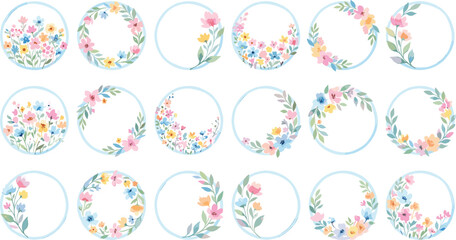 Vector illustration of pastel floral wreaths in circular frames representing decorative, seasonal, and celebration themes © Creative Stoker