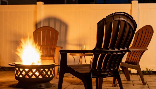 Catching foreground dark Adirondack chair glowing from firelight on backyard patio, metal fire pit