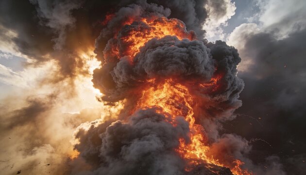 Rising central explosion plume bulging into mushroom cloud over open sky, with bright orange flames