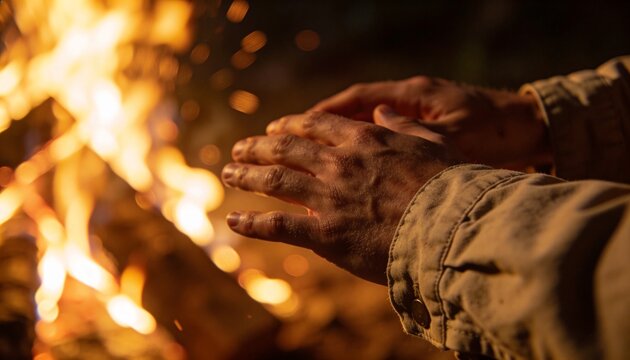 Warming person's hands and forearms over campfire at night, sparks and tan jacket cuff, copy space