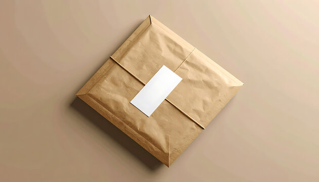 Brown paper package tied with string and a blank white label for address or branding, simple overhead view