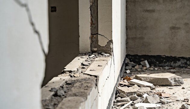Showing crumbling low concrete partition sill in neglected room, with cracked plaster rubble