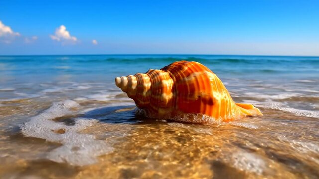 A large orange spiral seashell sits on the golden sand of a tropical beach with turquoise ocean waves and a clear blue sky in the background under bright natural sunlight.