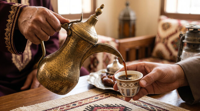 Close-up of pouring traditional Arabic coffee from an ornate brass dallah into a finjan cup, symbolizing Middle Eastern hospitality, cultural heritage, and warm social traditions in a majlis.