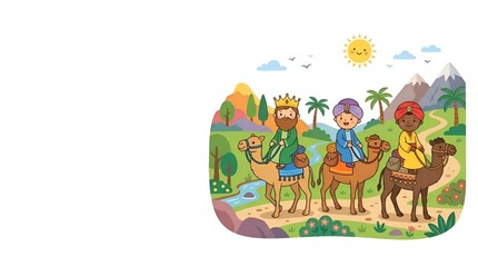Naklejka premium Three wise men riding camels through a desert landscape in a colorful flat vector illustration style with a bright smiling sun