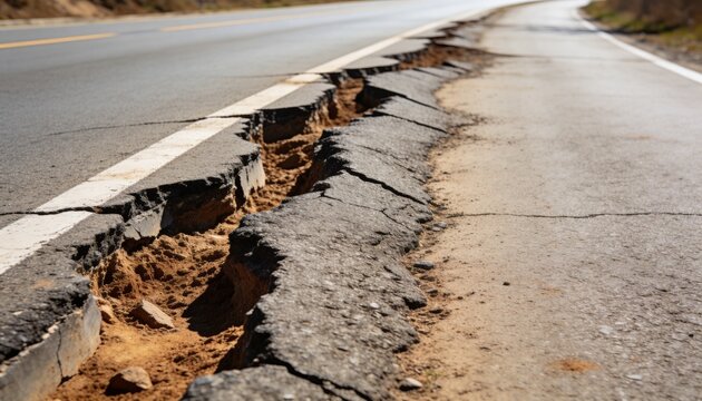 Showing fractured road shoulder cracking into fissure along rural road with broken asphalt slabs