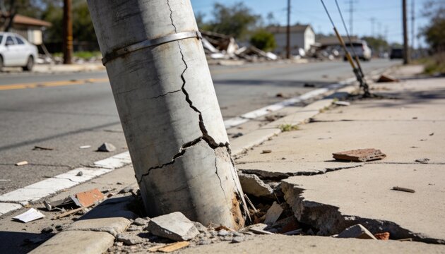 Leaning concrete utility pole showing cracks and sinking into sidewalk on street, with shifted curb