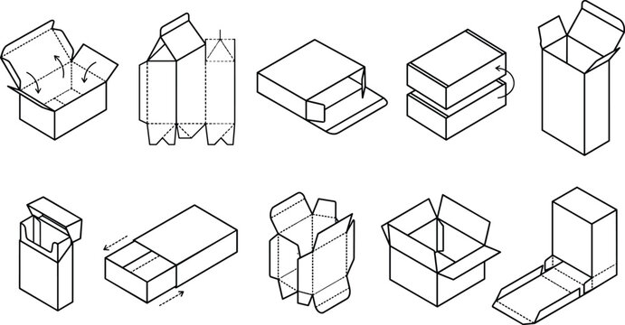 Cartoon packaging box icons with folding carton, sleeve, and die‑cut layouts representing product design vector illustration