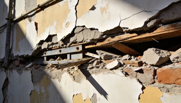 Displaying damaged wall revealing plaster, brick, lath and corroded lintel on urban facade