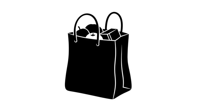 Black shopping bag filled with groceries and gifts, isolated on white background, illustration