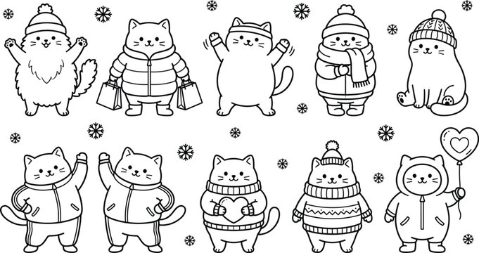 Cartoon winter cat icons with jackets, scarves, hats, and mittens surrounded by snowflakes representing festive vector illustration