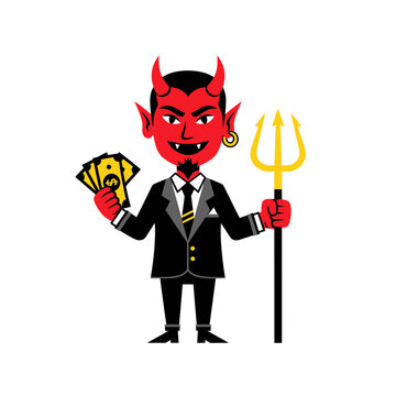 Devil Businessman Holding Money and Trident - Cartoon Character