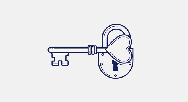 Heart shaped padlock and key icon, love lock symbol, minimalist design