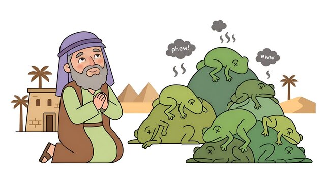 Biblical illustration of a man kneeling in prayer before a large pile of dead frogs in an ancient desert landscape with pyramids