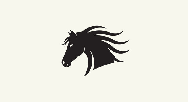 Black horse head silhouette with flowing mane on a light background, vector illustration