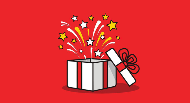 Open gift box with exploding stars and confetti on red background, celebration concept