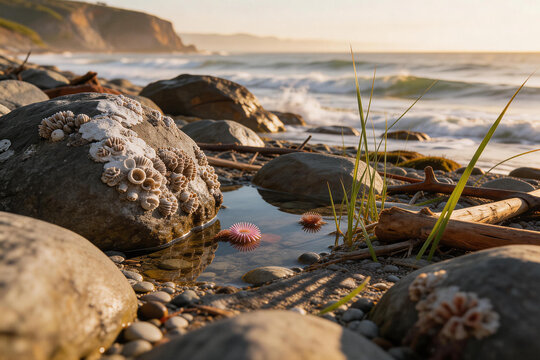 Close-up of tide pool with sea anemones, barnacles and driftwood on rocky ocean shore during sunset