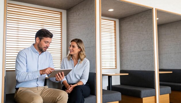Pointing at tablet, man and woman in business shirts discussing work in office booth, bench seating