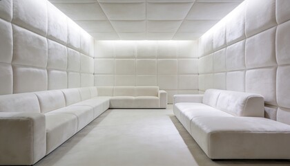 Naklejka premium Occupying center, U-shaped sofas creating lounge in minimal cream room, with quilted panels