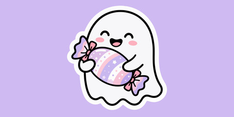 Fototapeta premium Cute kawaii Halloween ghost holding candy sticker vector illustration