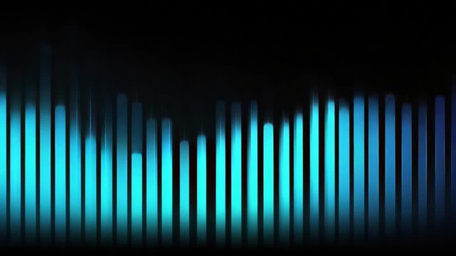 Abstract blue cyan light bar equalizer wave glow sound music audio rhythm neon digital graphic on black background with dynamic vertical line visual spectrum and motion blur dark backdrop